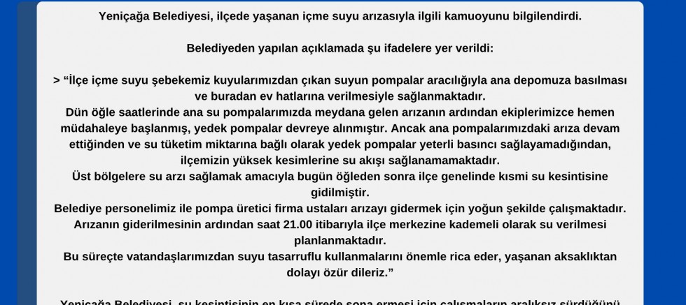 Yeniçağa’da İçme Suyu Arızası – Belediyeden Açıklama